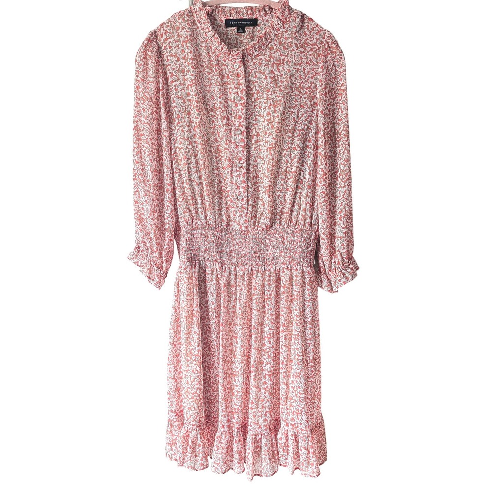 Tommy Hilfiger Floral Mini Dress Womens Large Coral White Smocked Waist Ruffle L